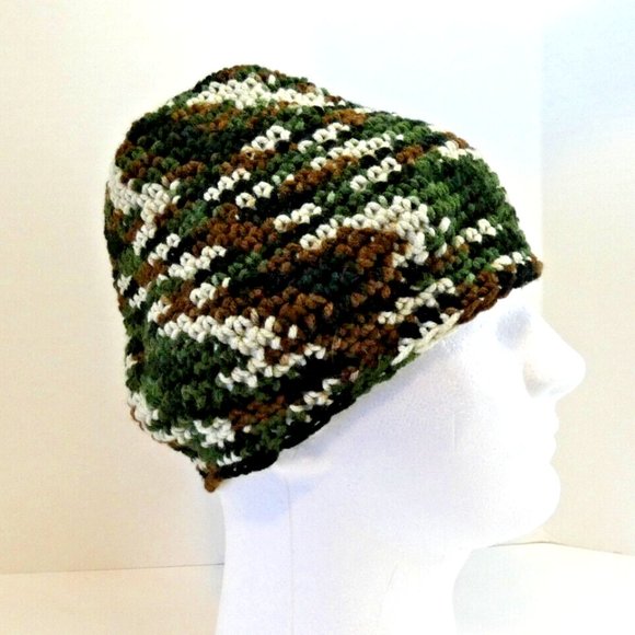 Forest Camo Baggie Beanie Camouflage Hat Handmade Crochet Knit Roll USA Hunt OS - Picture 4 of 7